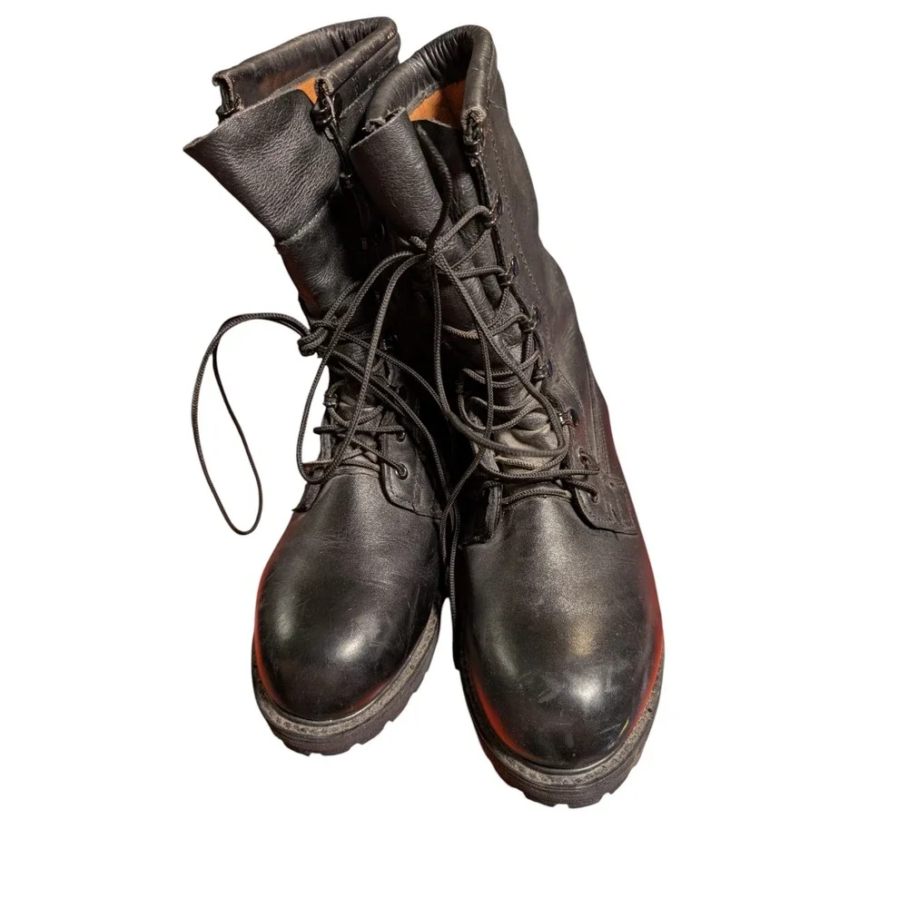 Mens Black Leather Military Combat Boots Vibram Lug Sole Lace Up Size 8.5 R